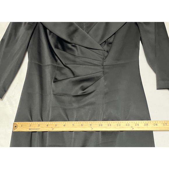 Kay Unger Sheath Dress 4 Black Satin V Neck Shawl Collar Ruched Cocktail Formal - Picture 10 of 14